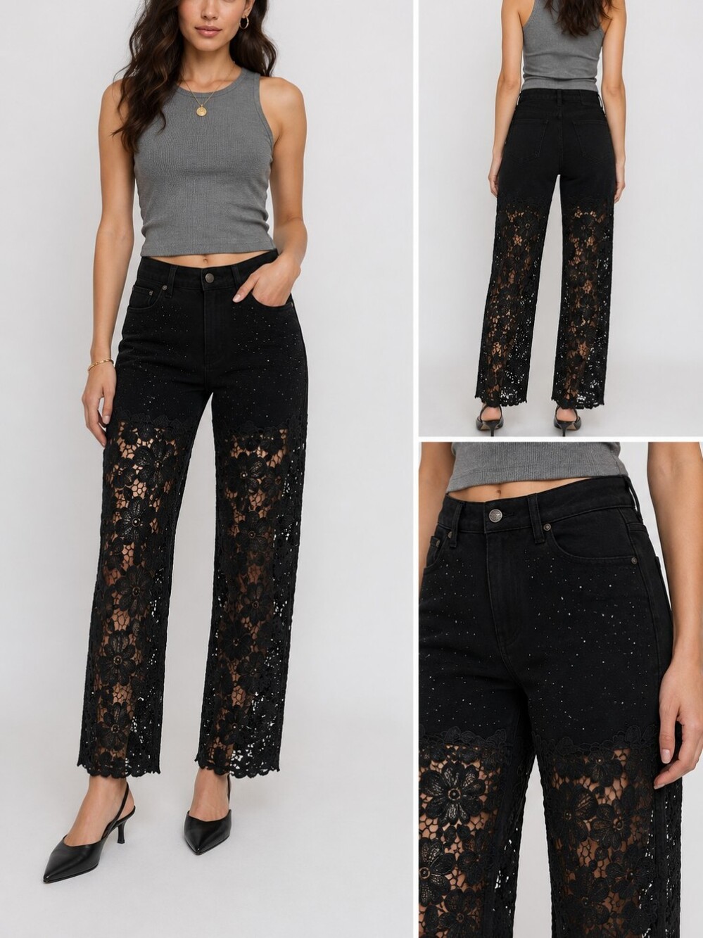 LEGEND Black Straight-Leg Floral Lace Overlay Lace Jeans Rhinestones 28/M Bayeas
